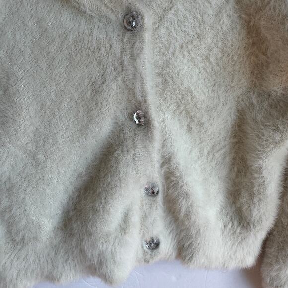 Cat and Jack Fuzzy Sparkle Cardigan Sweater Cream Youth 7/8 faux gem buttons - Picture 7 of 13